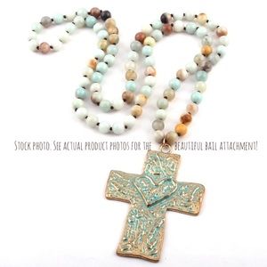 NEW Boho Blue/Green Amazonite Stone Cross Necklace